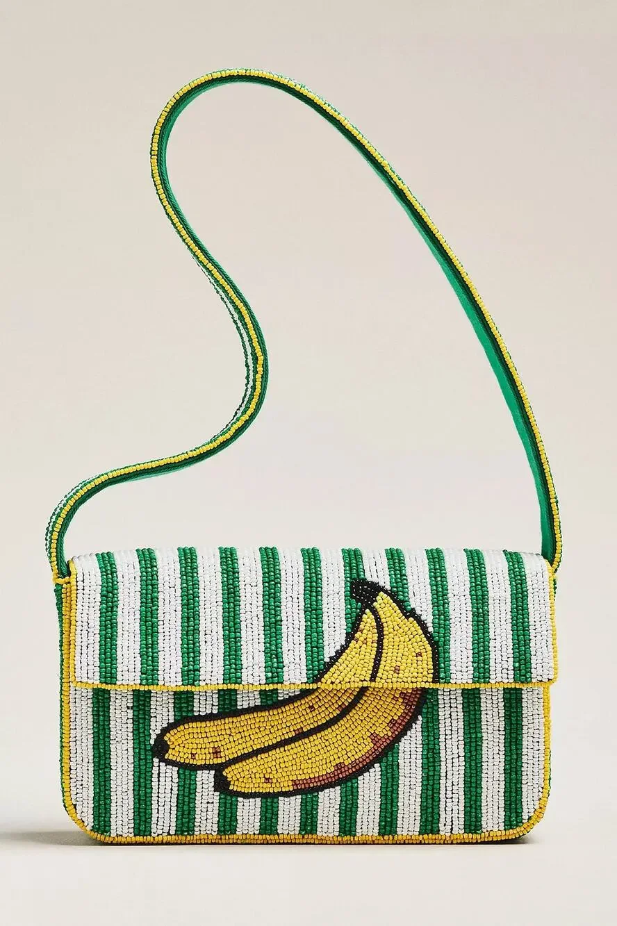 nwt ANTHROPOLOGIE The Fiona Beaded Bag: Food Icon Edition Banana Motif